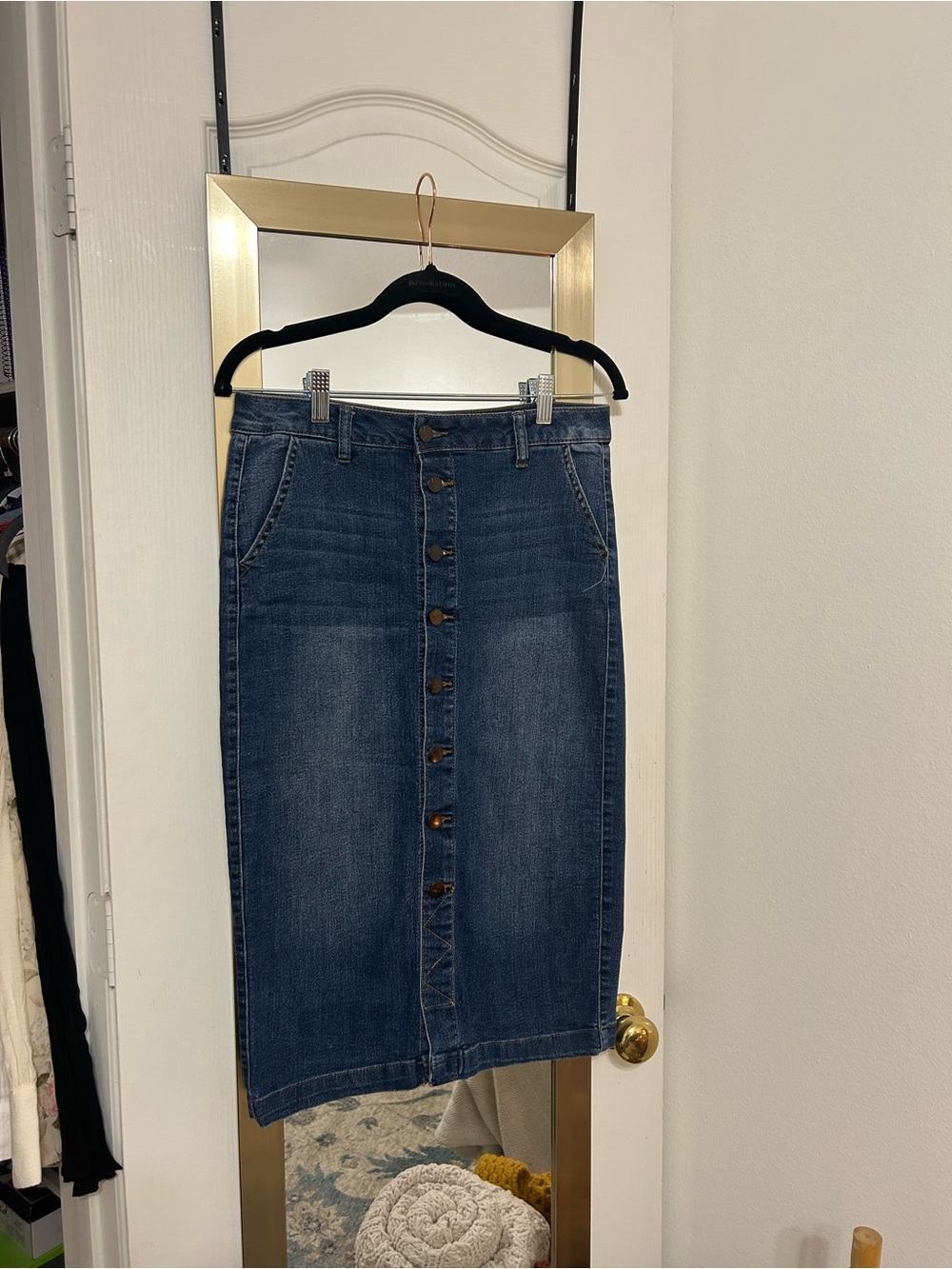 d. jeans - Blue Stretch Denim Button-Front Midi Skirt with Front Pockets